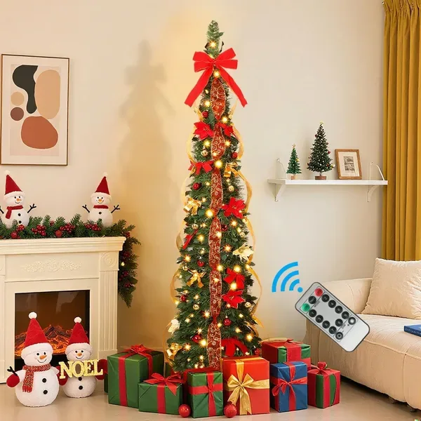6ft Pop Up Prelit Pencil Artificial Christmas Tree With Remote Control, Slim Collapsible Christmas Tree Pre-Decorated Red&Gold Decorations, Pre-Lit Warm White&Multi-Color Lights For Xmas Decor, 6 FT