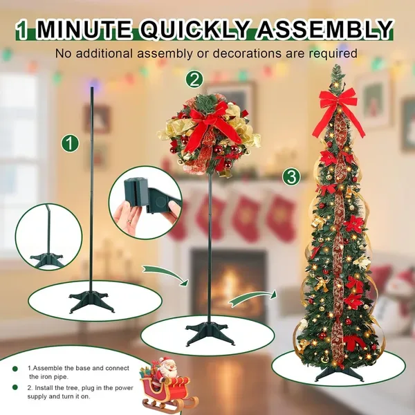 6ft Pop Up Prelit Pencil Artificial Christmas Tree With Remote Control, Slim Collapsible Christmas Tree Pre-Decorated Red&Gold Decorations view 2