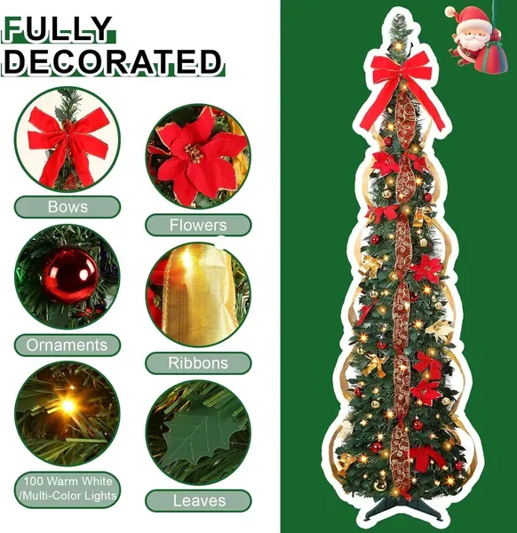 6ft Pop Up Prelit Pencil Artificial Christmas Tree With Remote Control, Slim Collapsible Christmas Tree Pre-Decorated Red&Gold Decorations view 3