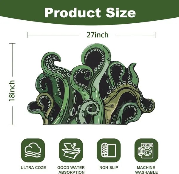 Green And Purple Cthulhu Rugs Water Absorbent Bath Mat Octopus Anime Rug Graphic Gothic Bathroom Rugs Fantasy Decorate, Non Slip Backing view 3