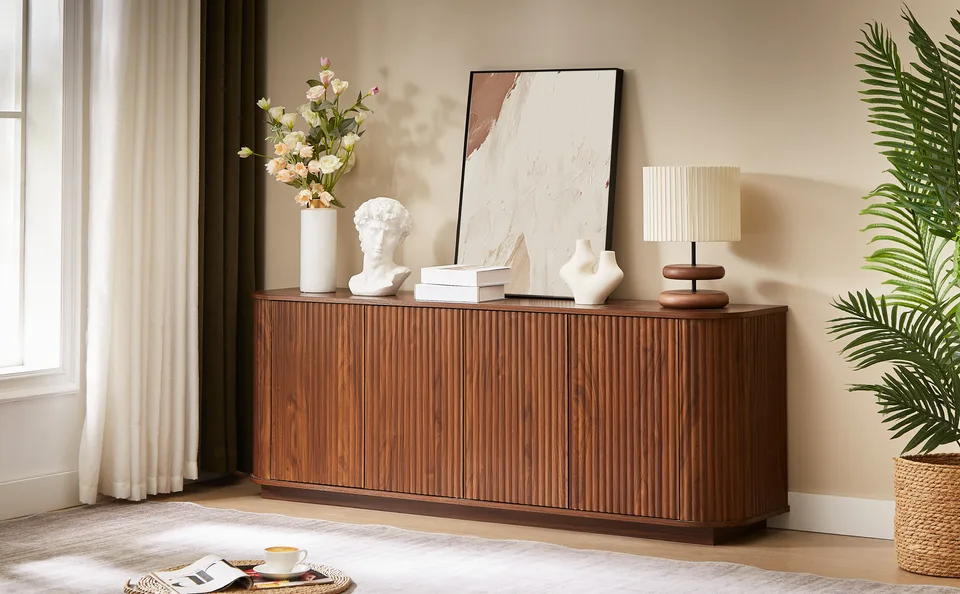 Sideboard Storage Cabinet TV Stand With Wave Pattern Buffet Cabinet Wooden Vertical Striped Cabinet For Kitchen Bedroom Entryway. Walnut view 2
