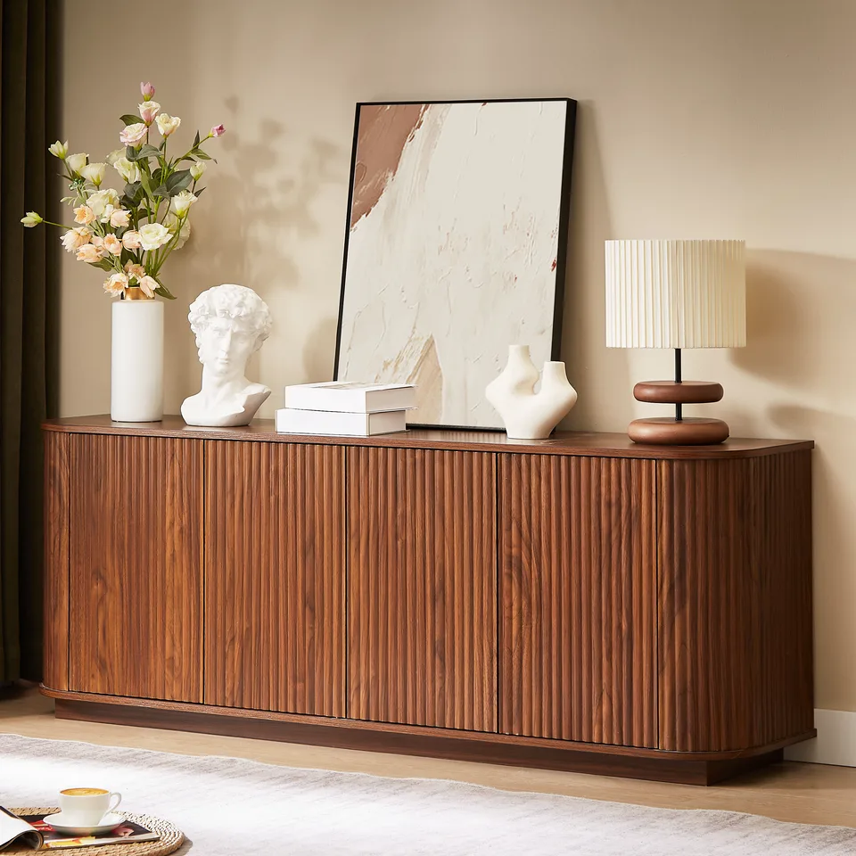 Sideboard Storage Cabinet TV Stand With Wave Pattern Buffet Cabinet Wooden Vertical Striped Cabinet For Kitchen Bedroom Entryway. Walnut, 64W X 15D X 24H.