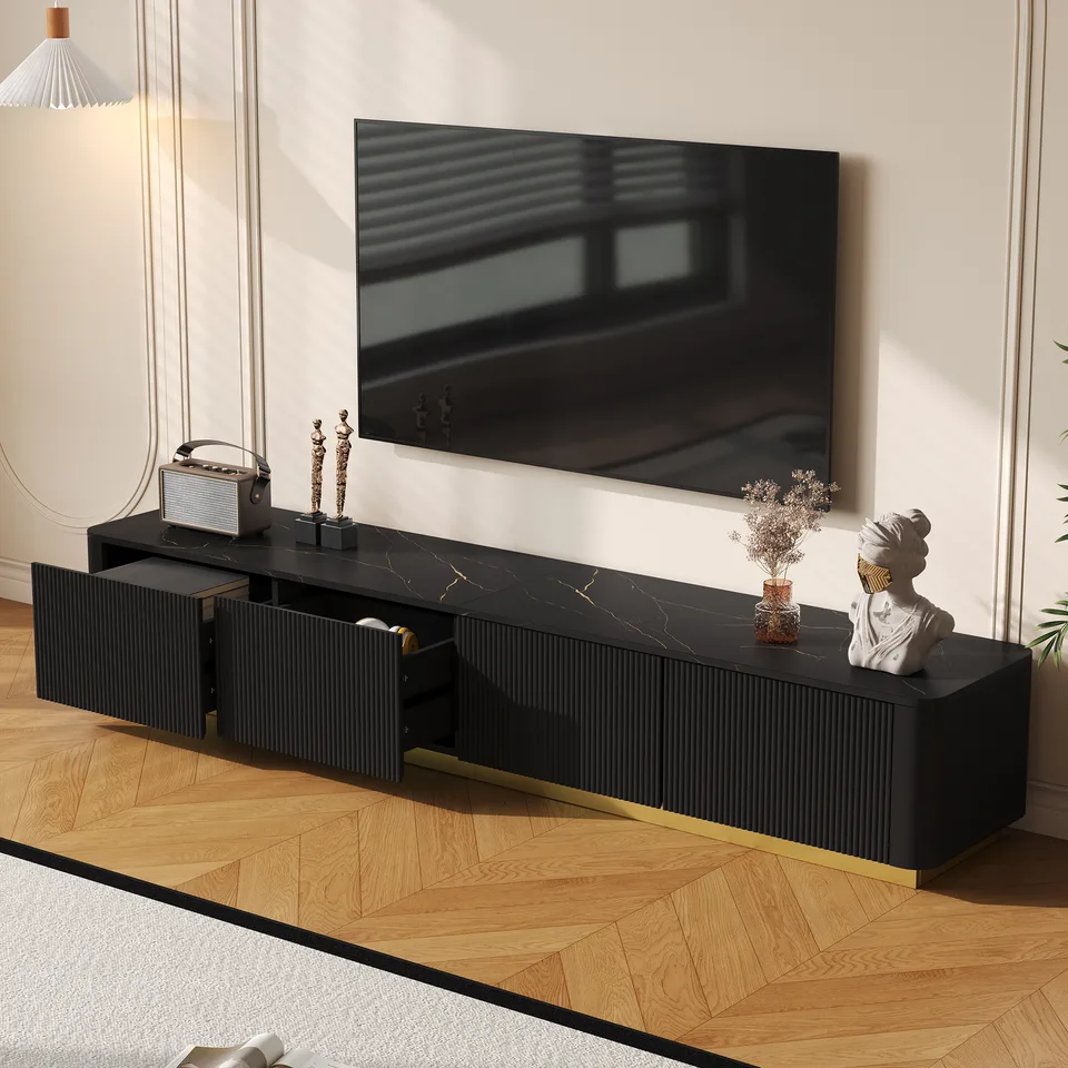 ON-TREND Luxury Fluted TV Stand For TVs Up To 85, Faux Marble Tabletop Media Console With 4 Drawers, Curved Profile Design, Modern view 2