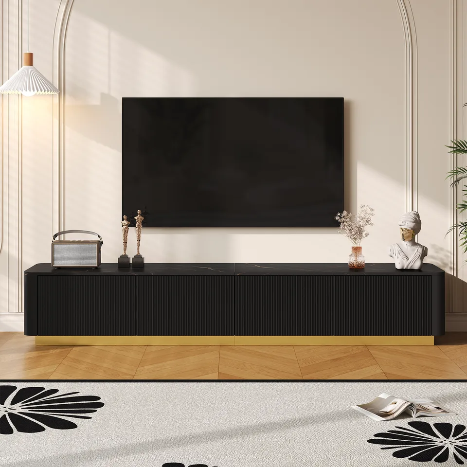 ON-TREND Luxury Fluted TV Stand For TVs Up To 85, Faux Marble Tabletop Media Console With 4 Drawers, Curved Profile Design, Modern Entertainment Center With Gold Base For Living Room, Black