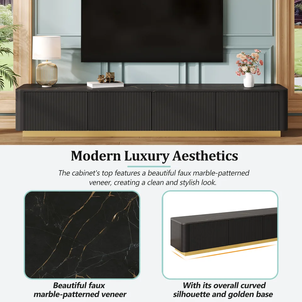 ON-TREND Luxury Fluted TV Stand For TVs Up To 85, Faux Marble Tabletop Media Console With 4 Drawers, Curved Profile Design, Modern view 3