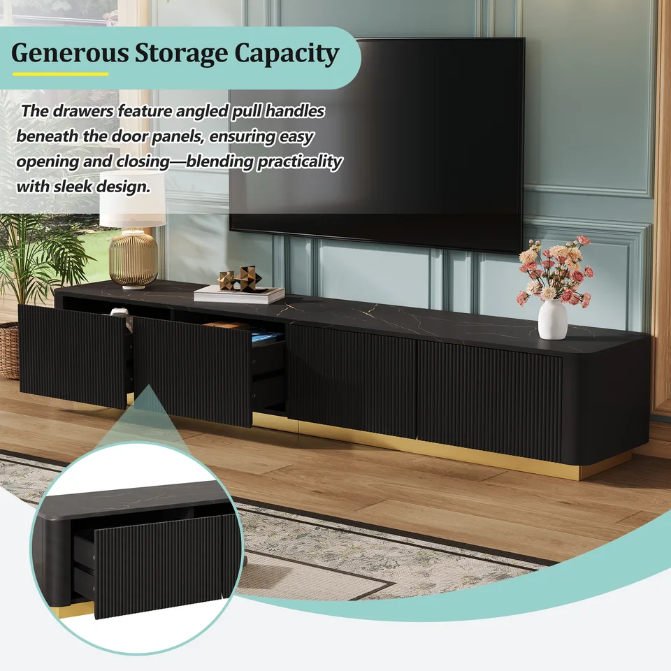 ON-TREND Luxury Fluted TV Stand For TVs Up To 85, Faux Marble Tabletop Media Console With 4 Drawers, Curved Profile Design, Modern view 4