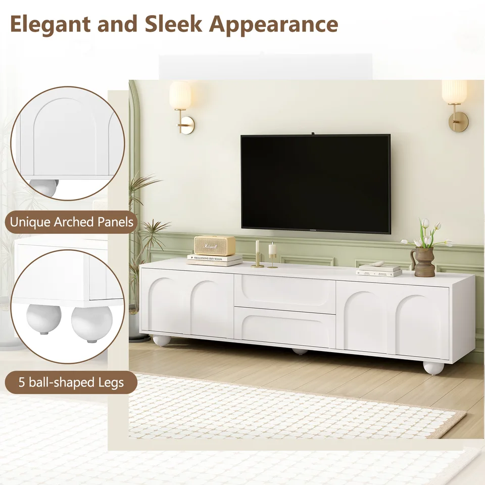 ON-TREND Cream Style TV Stand With Arched Doors 2 Drawers For TVs Up To 75, Minimalist Media Console With Rebound Device, Entertainment view 4