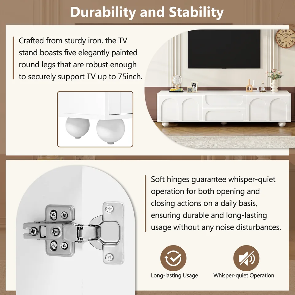 ON-TREND Cream Style TV Stand With Arched Doors 2 Drawers For TVs Up To 75, Minimalist Media Console With Rebound Device, Entertainment view 2