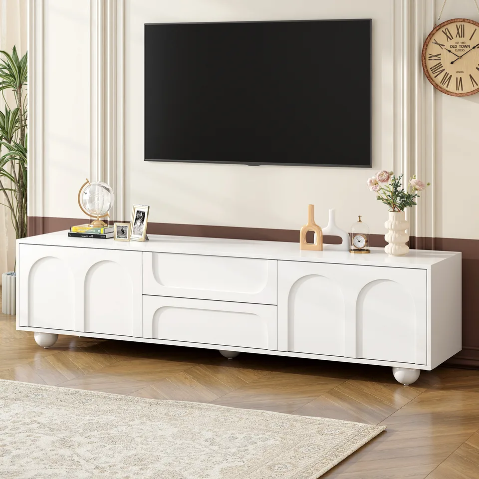 ON-TREND Cream Style TV Stand With Arched Doors 2 Drawers For TVs Up To 75, Minimalist Media Console With Rebound Device, Entertainment view 3