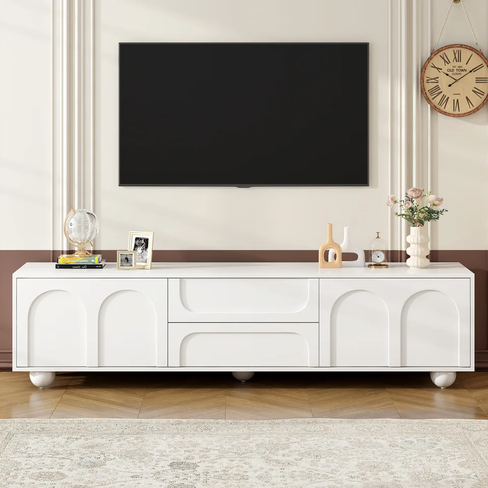ON-TREND Cream Style TV Stand With Arched Doors 2 Drawers For TVs Up To 75, Minimalist Media Console With Rebound Device, Entertainment Center With 5 Iron Round Legs For Living Room, Bedroom, White
