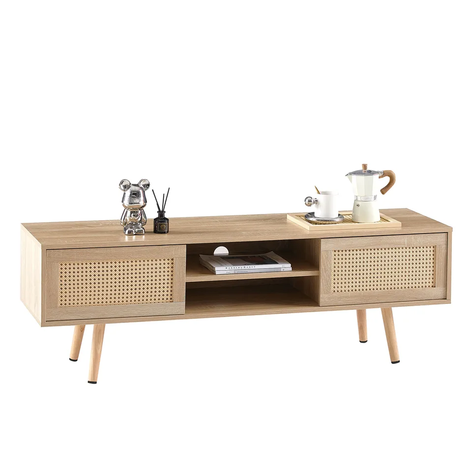 55.12 Rattan TV Cabinet, Double Sliding Doors For Storage, Adjustable Shelf, Solid Wood Legs, TV Console For Living Room ,natural view 3