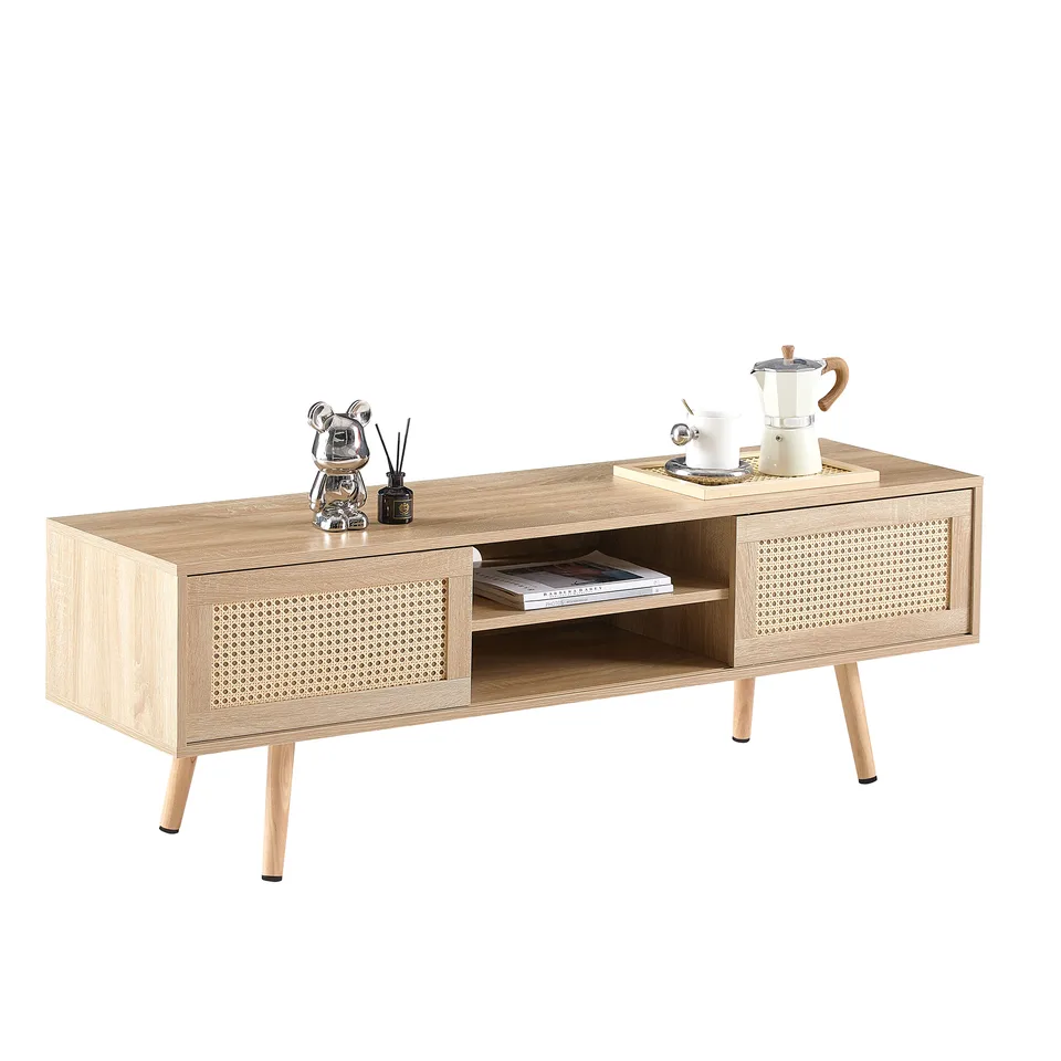 55.12 Rattan TV Cabinet, Double Sliding Doors For Storage, Adjustable Shelf, Solid Wood Legs, TV Console For Living Room ,natural view 2