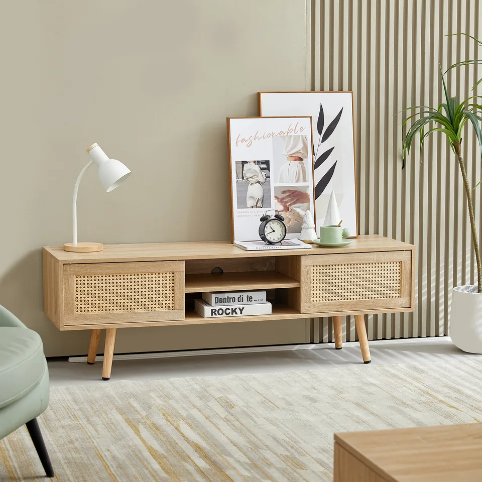55.12 Rattan TV Cabinet, Double Sliding Doors For Storage, Adjustable Shelf, Solid Wood Legs, TV Console For Living Room ,natural
