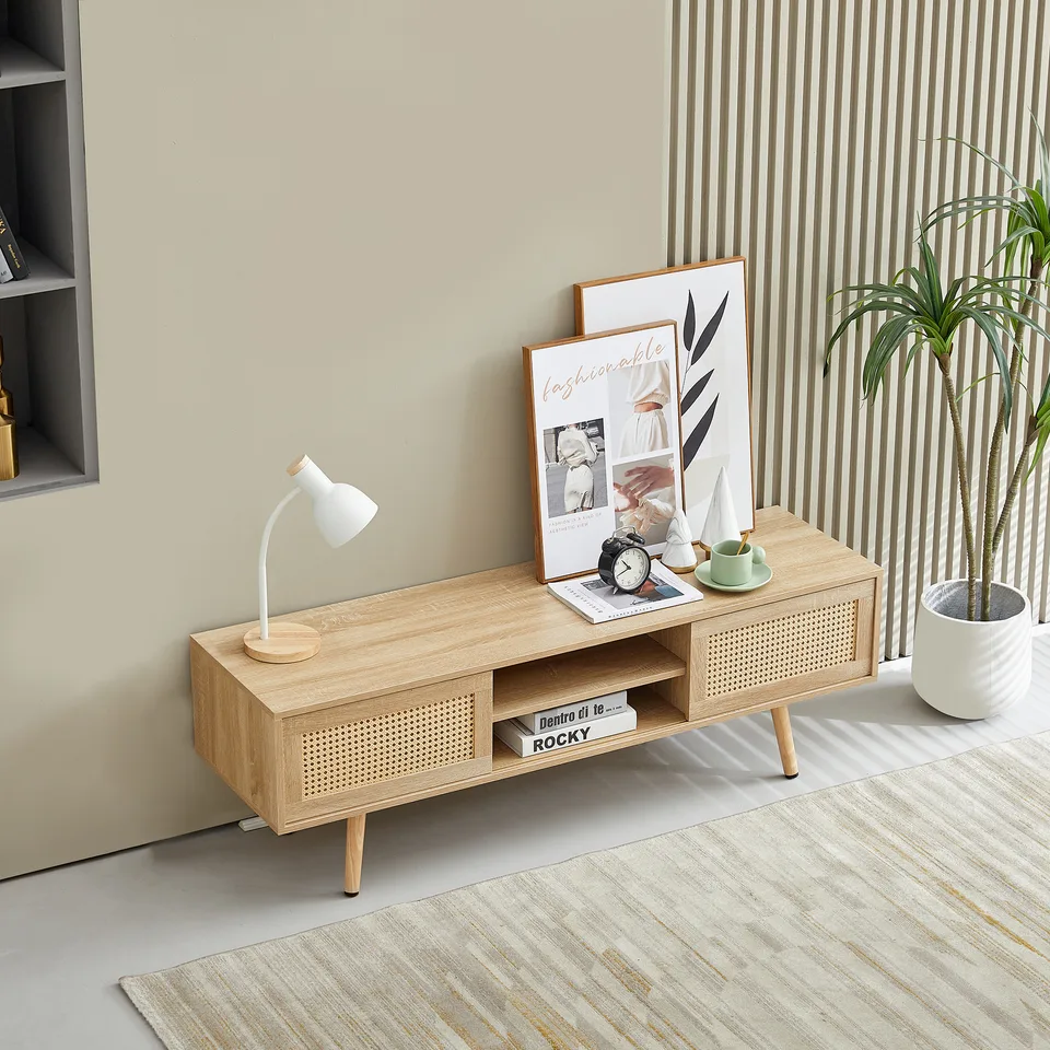 55.12 Rattan TV Cabinet, Double Sliding Doors For Storage, Adjustable Shelf, Solid Wood Legs, TV Console For Living Room ,natural view 4