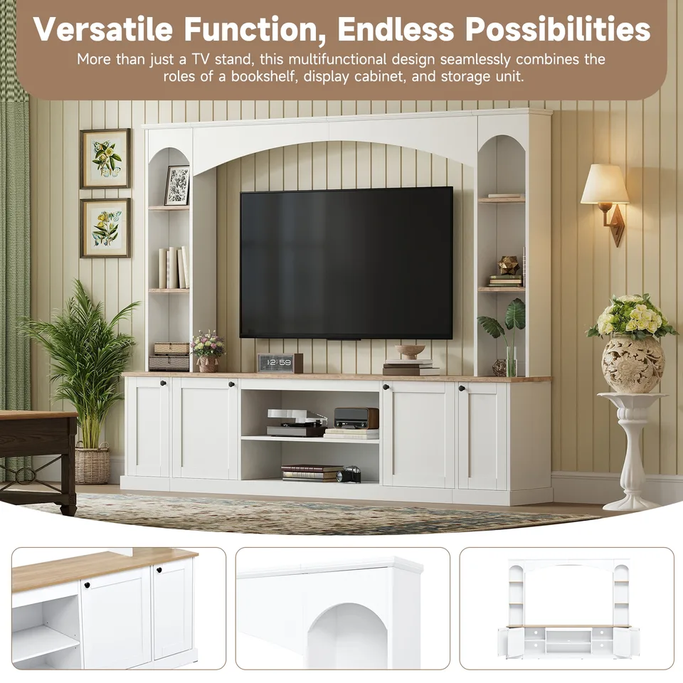 Elegant Arched Entertainment Center Wall Unit With Bookshelf, Farmhouse Large TV Stand With Wood Grain For TVs Up To 70, 91inch Stylish view 3