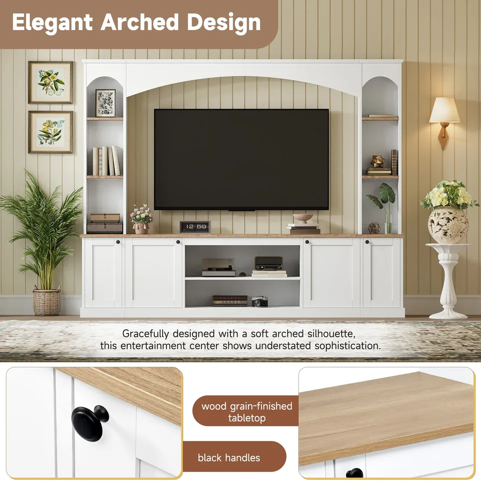 Elegant Arched Entertainment Center Wall Unit With Bookshelf, Farmhouse Large TV Stand With Wood Grain For TVs Up To 70, 91inch Stylish view 2