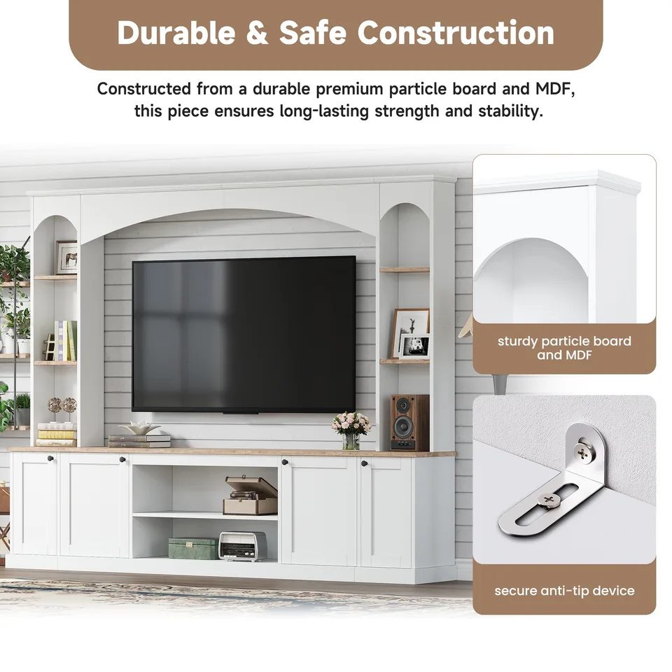 Elegant Arched Entertainment Center Wall Unit With Bookshelf, Farmhouse Large TV Stand With Wood Grain For TVs Up To 70, 91inch Stylish view 4