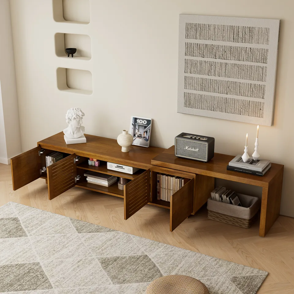 63 Mid-Century Modern Extendable TV Stand For TVs Up To 75, Media Console TV Cabinet For Living Room, Farmhouse Entertainment Cabinet With view 3