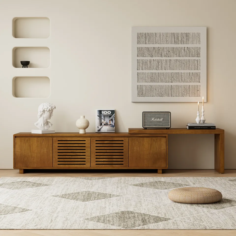 63 Mid-Century Modern Extendable TV Stand For TVs Up To 75, Media Console TV Cabinet For Living Room, Farmhouse Entertainment Cabinet With Storage & Adjustable Panel