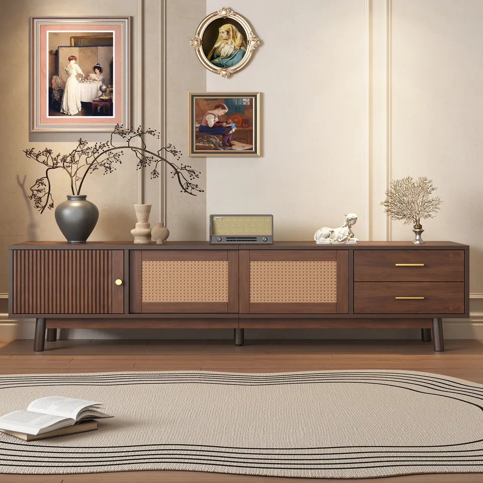 Mid Century Modern TV Stand For 80 TVs, Entertainment Center With Sliding Doors And Drawers, TV Table With Storage For Living Room, Bedroom view 2