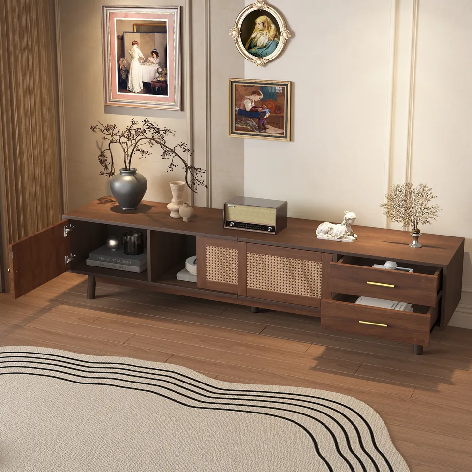 Mid Century Modern TV Stand For 80 TVs, Entertainment Center With Sliding Doors And Drawers, TV Table With Storage For Living Room, Bedroom view 3