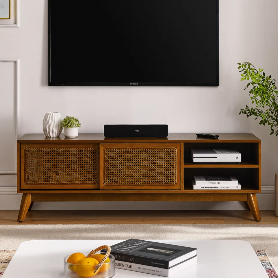 59 Inch Mid Century Modern Rattan TV Stand For 65 Inch TV, Entertainment Cabinet, Media Console For Living Room Media Room, Solid Wood Feet view 4