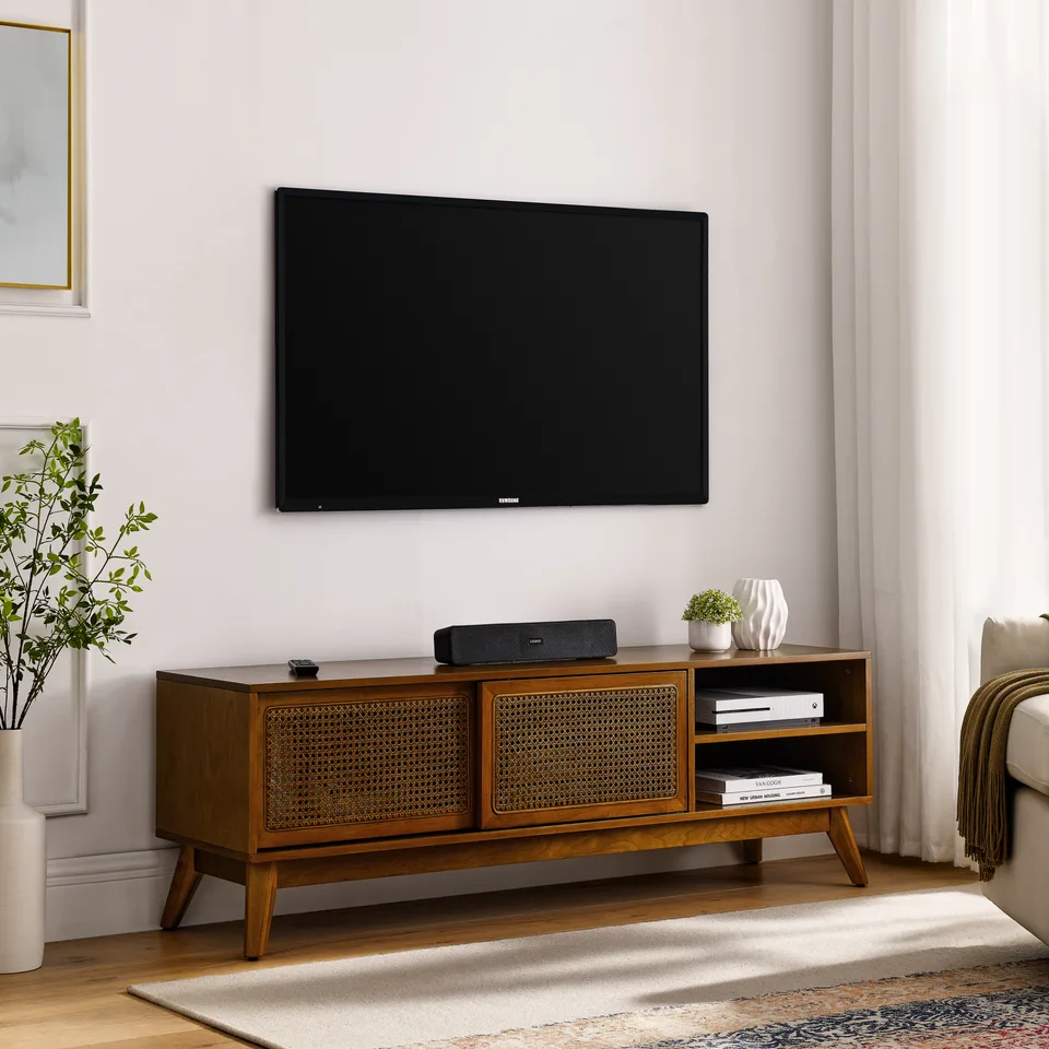 59 Inch Mid Century Modern Rattan TV Stand For 65 Inch TV, Entertainment Cabinet, Media Console For Living Room Media Room, Solid Wood Feet view 3