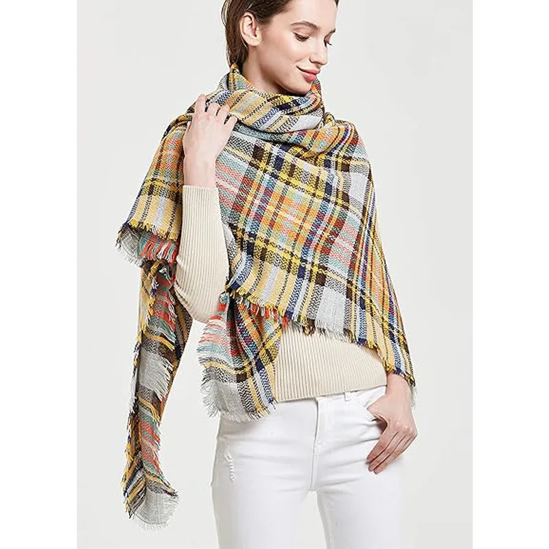 59 X 59in Yellow Blue Womens Fall Winter Scarf Plaid Tassel Soft Warm Blanket Scarves Womens Shawl Wraps