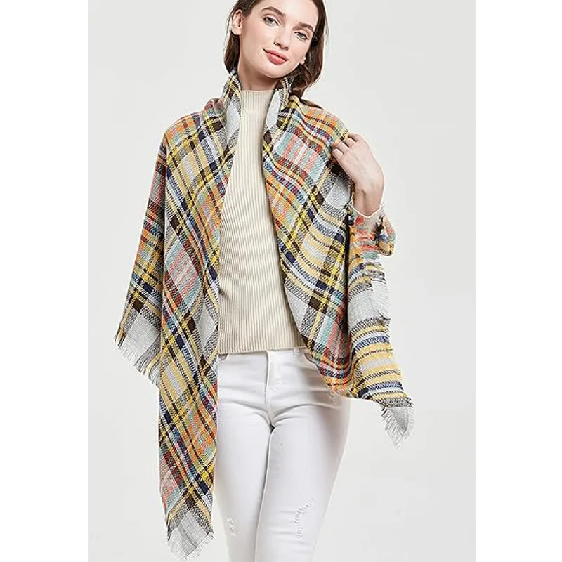 59 X 59in Yellow Blue Womens Fall Winter Scarf Plaid Tassel Soft Warm Blanket Scarves Womens Shawl Wraps view 4