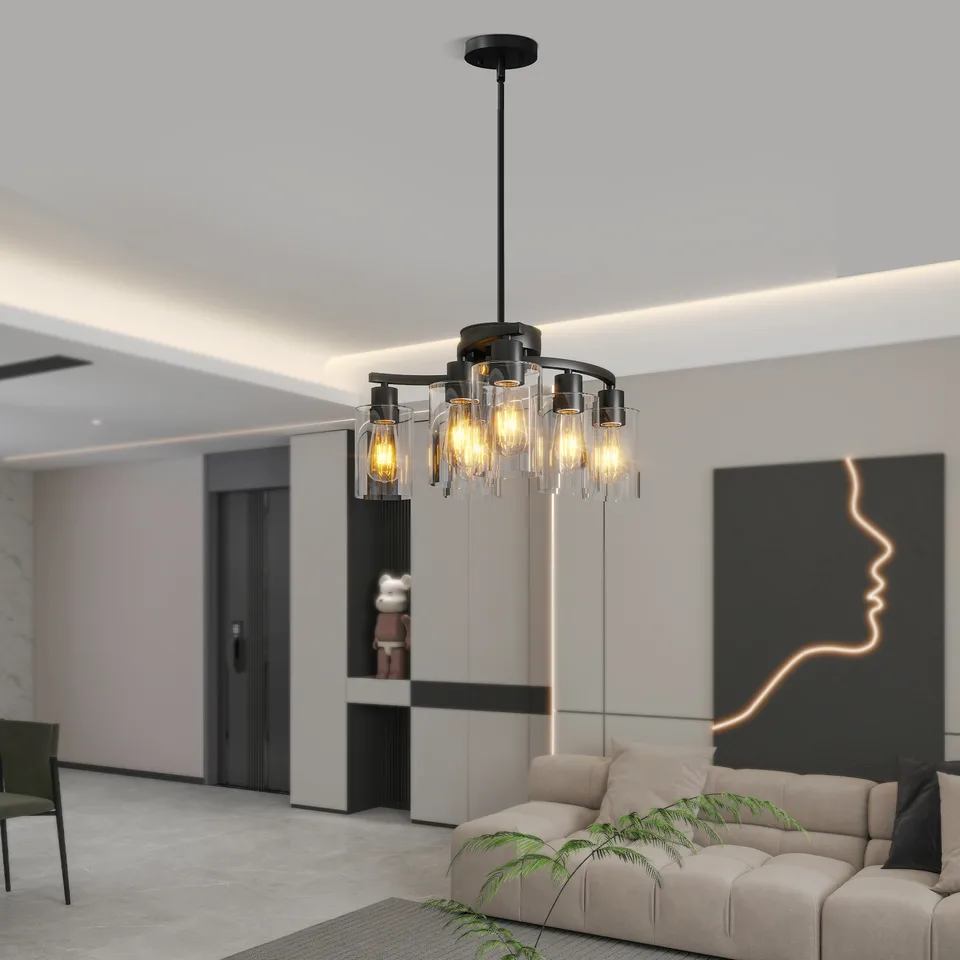 6-Light Modern Farmhouse Black Chandelier, Contemporary Dining Room Light Fixture, Adjustable Height Hanging Industrial Pendant Lights Kitchen Island, Clear Glass Shade view 3