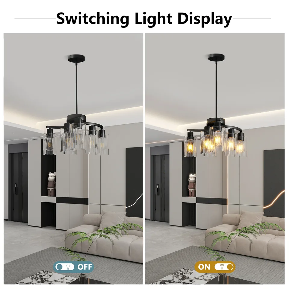 6-Light Modern Farmhouse Black Chandelier, Contemporary Dining Room Light Fixture, Adjustable Height Hanging Industrial Pendant Lights Kitchen Island, Clear Glass Shade view 4
