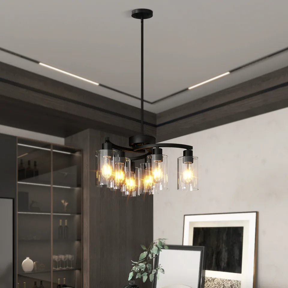 6-Light Modern Farmhouse Black Chandelier, Contemporary Dining Room Light Fixture, Adjustable Height Hanging Industrial Pendant Lights Kitchen Island, Clear Glass Shade view 2