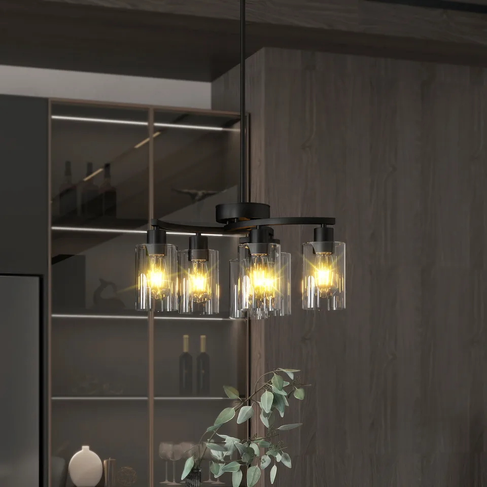6-Light Modern Farmhouse Black Chandelier, Contemporary Dining Room Light Fixture, Adjustable Height Hanging Industrial Pendant Lights Kitchen Island, Clear Glass Shade