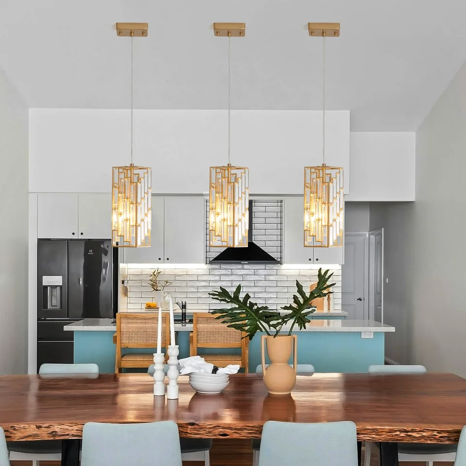 4inch Modern Crystal Pendant Light - 3 Pack, Adjustable Hanging Ceiling Lamp With Crystal Prism Design For Dining Room, Kitchen Island, And Living Room -Golden Finish