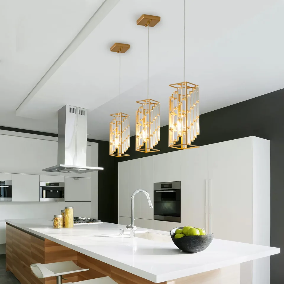 4inch Modern Crystal Pendant Light - 3 Pack, Adjustable Hanging Ceiling Lamp With Crystal Prism Design For Dining Room, Kitchen Island, And Living Room -Golden Finish view 2