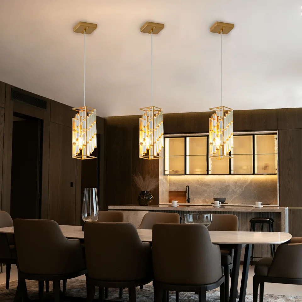 4inch Modern Crystal Pendant Light - 3 Pack, Adjustable Hanging Ceiling Lamp With Crystal Prism Design For Dining Room, Kitchen Island, And Living Room -Golden Finish view 3