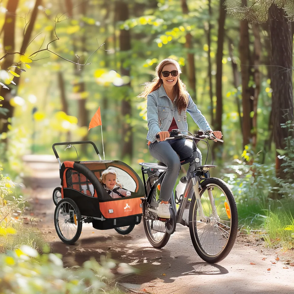 2-Seat Elite 360 Swivel Bike Trailer for Kids Bicycle Cargo Trailer with Water-Resistant Windows, Black and Orange