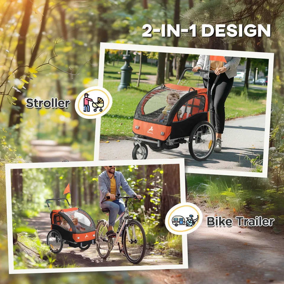 2-Seat Elite 360 Swivel Bike Trailer for Kids Bicycle Cargo Trailer with Water-Resistant Windows, Black and Orange view 4