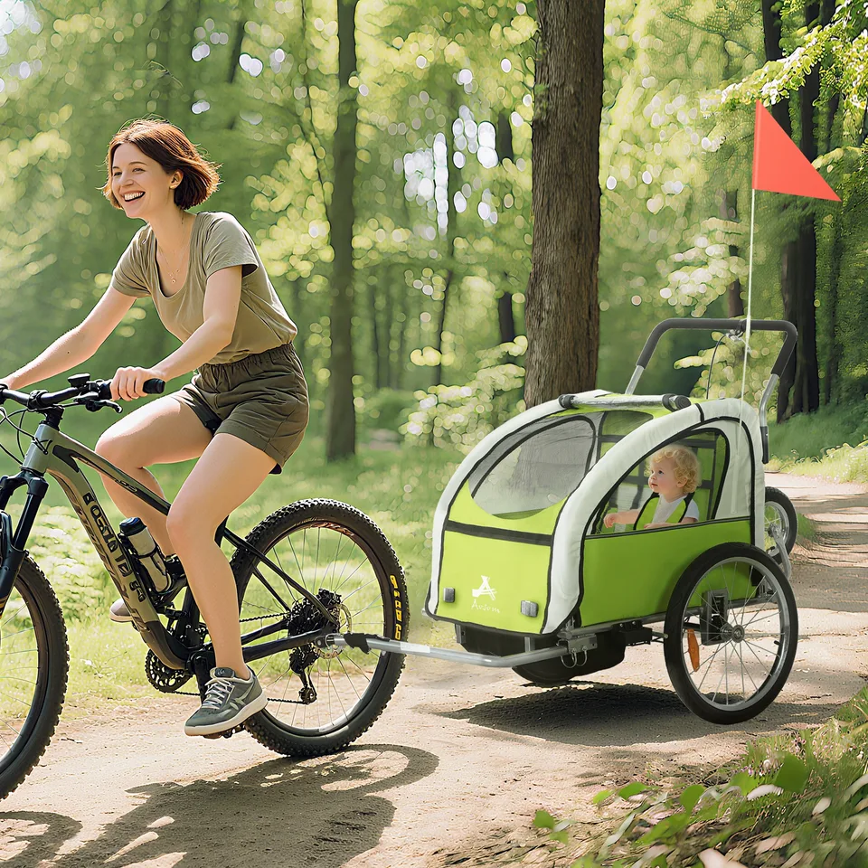 2-Seat Elite 360 Swivel Bike Trailer for Kids Bicycle Cargo Trailer with Water-Resistant Windows, Green and White