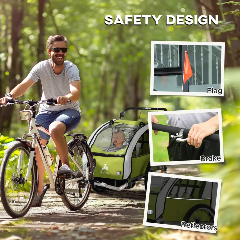 2-Seat Elite 360 Swivel Bike Trailer for Kids Bicycle Cargo Trailer with Water-Resistant Windows, Green and White view 2