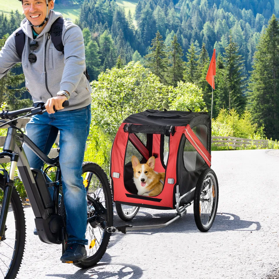 Dog Bike Trailer, Pet Wagon Bicycle Trailer with Easy Folding Cart Frame, 20" Large Rubber Wheels, 3 Entrances, Mesh Screen, Pet Bike