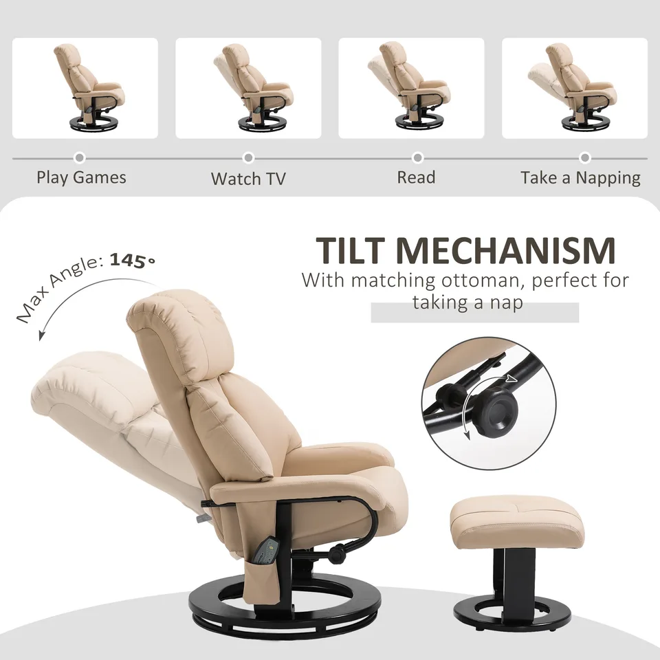 10-Point Massage Recliner Chair, Vibration Massage Sofa with Ottoman Footrest, Faux Leather and Swivel Wood Base for Living Room & Bedroom view 3