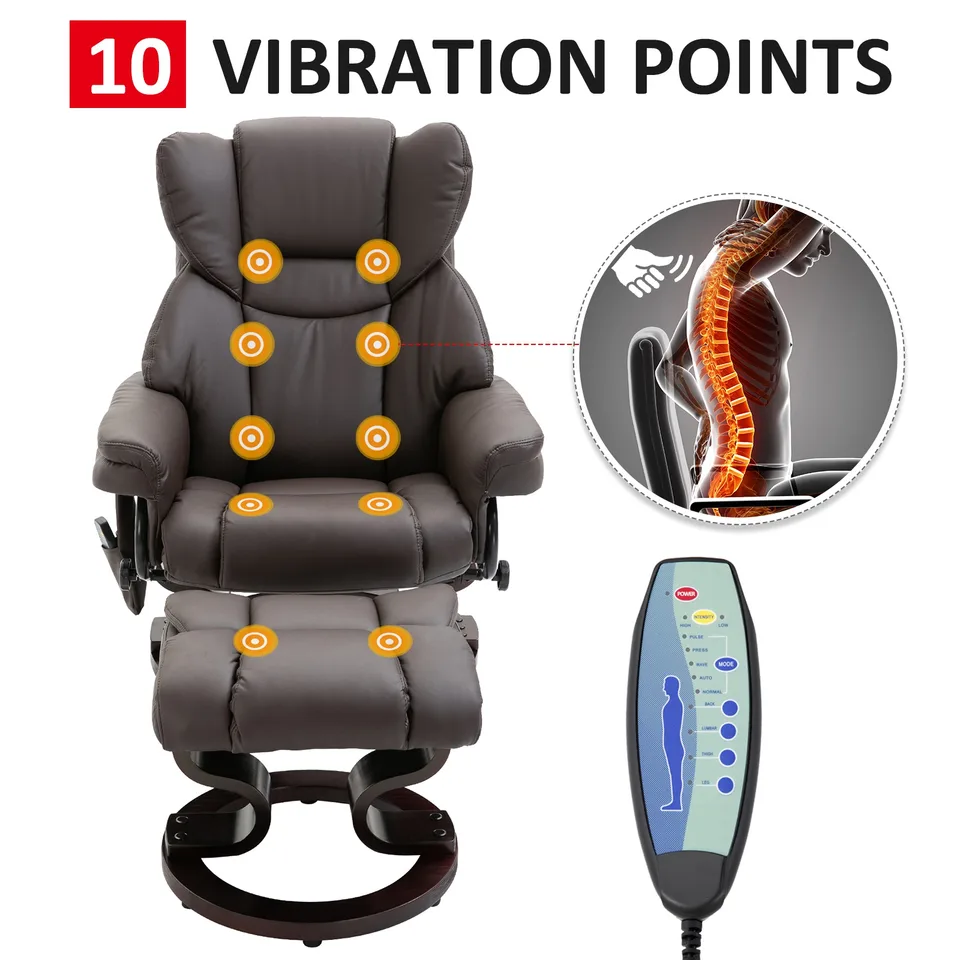 Massage Sofa Recliner Chair w/ Footrest, 10 Vibration Point, Faux PU Leather, Brown view 3