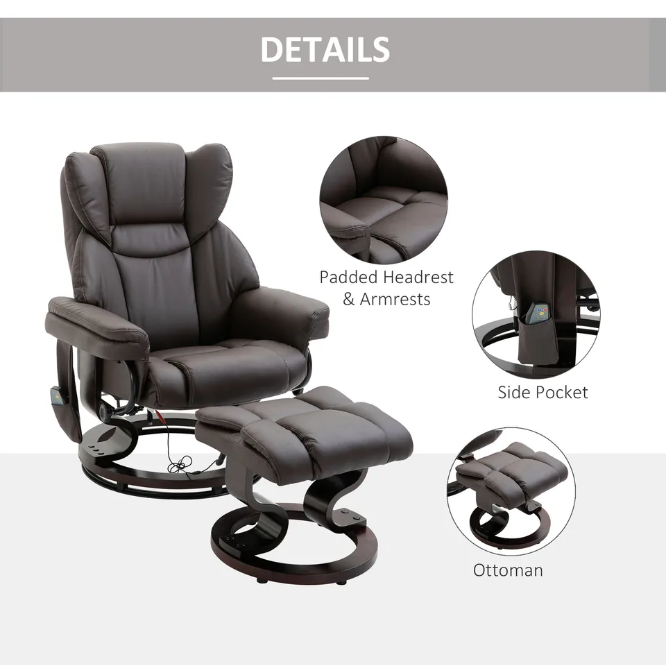 Massage Sofa Recliner Chair w/ Footrest, 10 Vibration Point, Faux PU Leather, Brown view 2