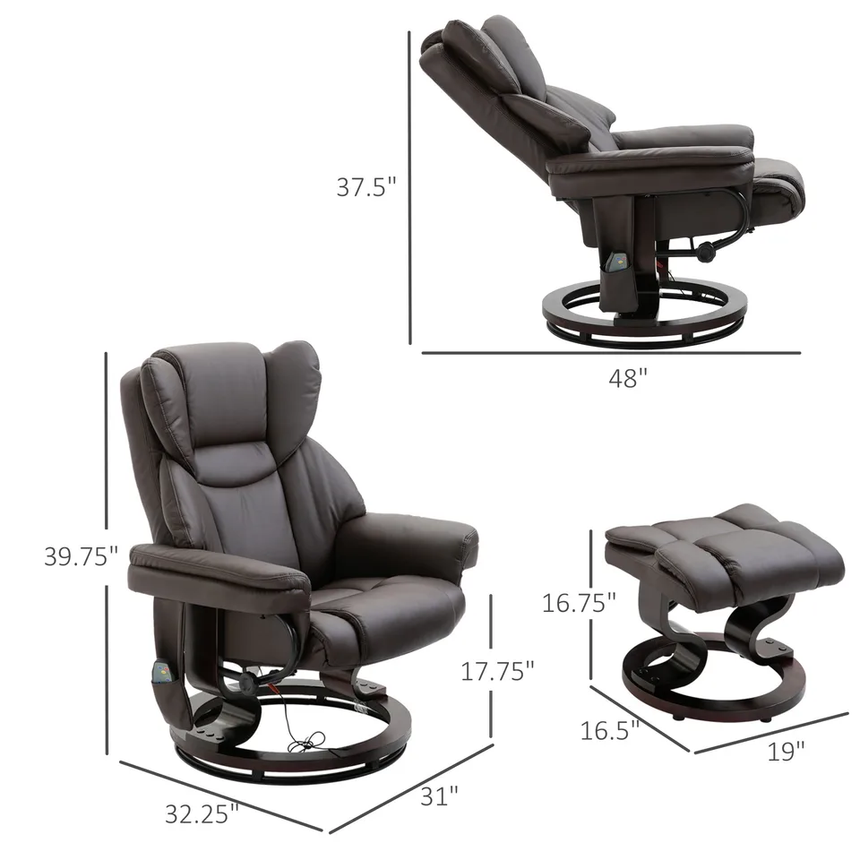 Massage Sofa Recliner Chair w/ Footrest, 10 Vibration Point, Faux PU Leather, Brown view 4