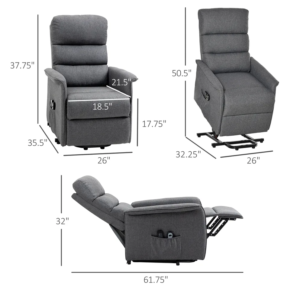 Power Lift Chair with Vibration Massage, Fabric Upholstered Recliner Chair for Elderly with Remote Control, Side Pockets, Grey view 4