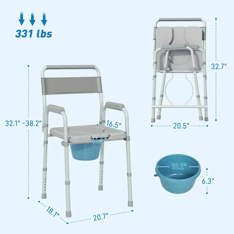 Bedside Commode Chair for Seniors, Adults, Handicap, Raised Toilet Seat with Arm, Adjustable Height, 331 lbs, Gray view 3