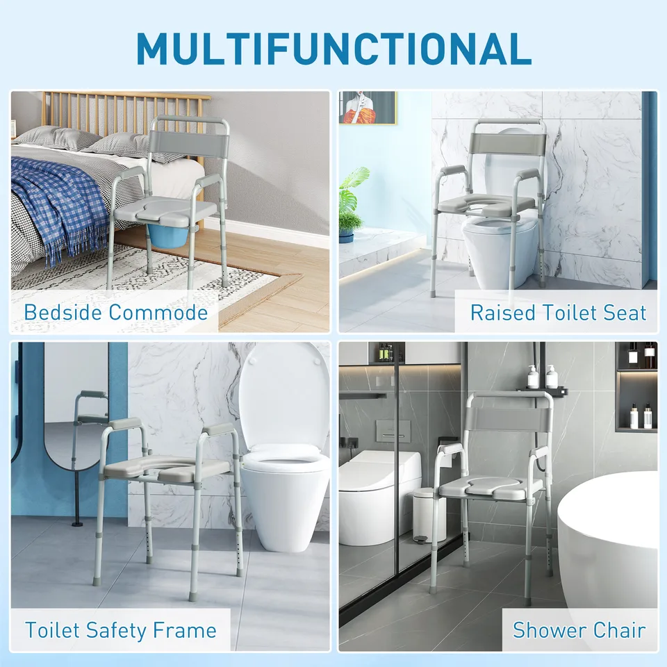 Bedside Commode Chair for Seniors, Adults, Handicap, Raised Toilet Seat with Arm, Adjustable Height, 331 lbs, Gray view 4