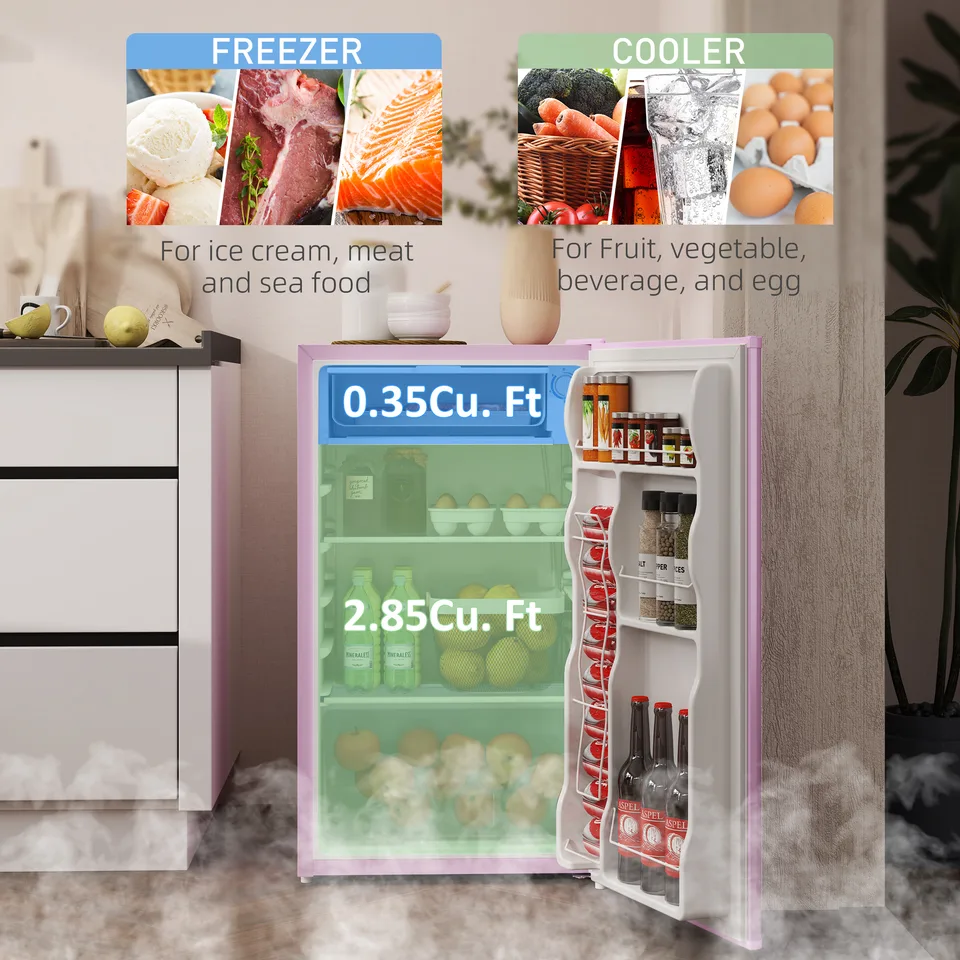 3.2 Cu.Ft Mini Fridge with Freezer, Single Door Compact Refrigerator with Adjustable Thermostat, Reversible Door, Pink view 2