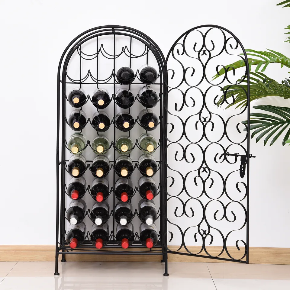 35 Bottle Wrought Iron Wine Rack Cabinet with Lock, Black view 3